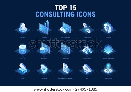 Technology Top Consulting icons set for workflow diagram - AI system, integration, data, automation, analytics, platform, API, security, governance, business strategy - high quality isometric vector