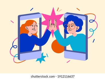 Technology topic - social distancing, high five, phones. Two people giving each other high five through screens. Flat style modern vector concept illustration.