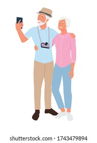 technology, tourism, travel and people concept - happy senior couple with smartphone taking selfie. Modern flat cartoon style.