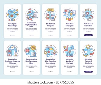 Technology transfer onboarding mobile app page screen. Sharing innovation and data walkthrough 5 steps graphic instructions with concepts. UI, UX, GUI vector template with linear color illustrations