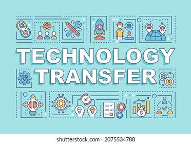 Banner de conceptos de palabra de transferencia de tecnología. Proceso de difusión de datos. Infografía con iconos lineales sobre fondo turquesa. Tipografía creativa aislada. Ilustración de color del contorno del vector con texto