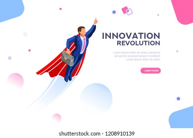 Technology transformation from digital success to income up. Imagination and innovation, start-up plan. Adult winner in the space. Concept with character with text. Flat isometric vector illustration