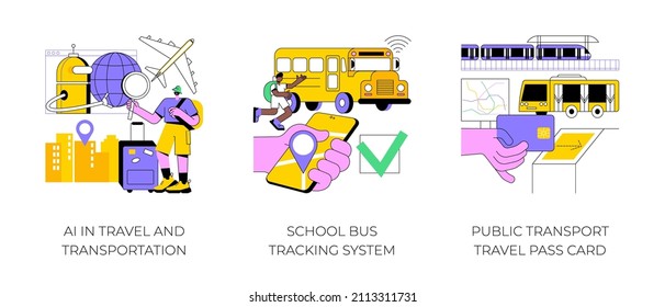 Technology in transportation abstract concept vector illustration set. AI in travel and transportation, school bus tracking system, public transport travel pass card, navigation abstract metaphor.