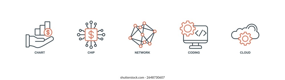 Technologie Trends Banner Web-Symbol setzen Vektorgrafik-Konzept mit Symbol von Diagramm, Chip, Netzwerk, Codierung, Cloud