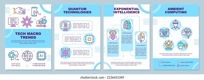 Technology Trends blauer Broschüre Vorlage. Technische Entwicklung. Entwurf der Packungsbeilage mit linearen Symbolen. 4 Vektorgrafiken zur Präsentation, Jahresberichte. Arial-Black, Myriad Pro-Regular Schriftarten verwendet