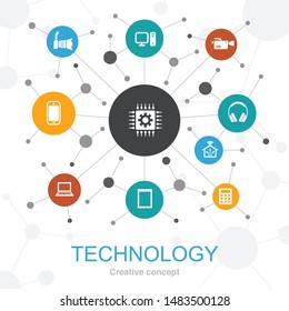 Technology trendy web concept with icons. Contains such icons as smart home, photo camera, tablet computer, smartphone 