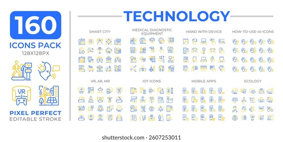 Technology two color line icons set collection. AI integration. Advanced equipment for various purposes bicolor outline mega pack isolated, pixel perfect. Duotone thin lineart. Editable stroke