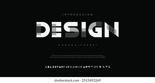 Fontes de alfabeto de tipografia de tecnologia com estilo arrojado. Ilustração vetorial e fonte técnica. Abstrato mínimo moderno esporte, simples, moda, digital, futuro criativo alfabeto fonte.