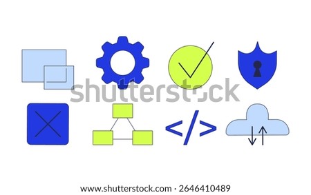 Technology and UI icons 2D cartoon objects set. Cloud computing, code brackets, checkmark tick, shield, gear, cancel isolated elements flat vector clip arts on white. Spot illustrations collection