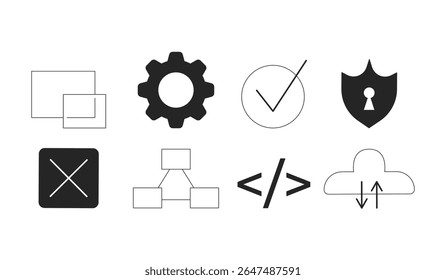 Technology and UI icons 2D line objects set. Cloud computing, code brackets, checkmark tick, shield, gear, cancel isolated cliparts vector ink outline items. Monochrome spot illustrations collection