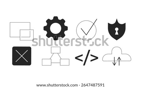 Technology and UI icons 2D line objects set. Cloud computing, code brackets, checkmark tick, shield, gear, cancel isolated cliparts vector ink outline items. Monochrome spot illustrations collection
