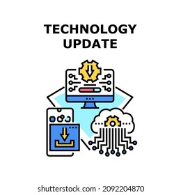 Software de actualización de tecnología. Sistema de actualización. Nueva aplicación de equipo. Proceso digital. Versión de progreso. Ilustración de color de concepto de vector de mantenimiento