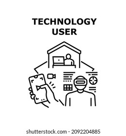 Technology user digital control. web data. business application. social develop. internet interface technology user vector concept black illustration