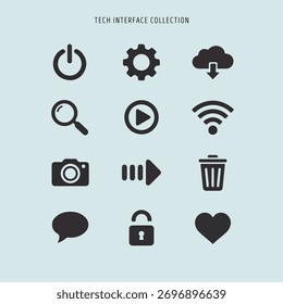 Ícones de tecnologia e interface do usuário, incluindo potência, configurações, pesquisa e outros.