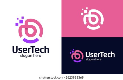 Design do logotipo do usuário da tecnologia. Forma abstrata da pessoa com design de vetor de ícone gráfico de pixel digital.