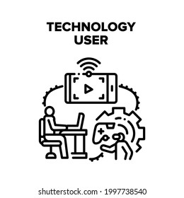 Technology User Vector Icon Concept. Technology User Playing Video Games On Console And Virtual Reality Vr Glasses, Watching Film On Smartphone And Searching Information On Computer Black Illustration