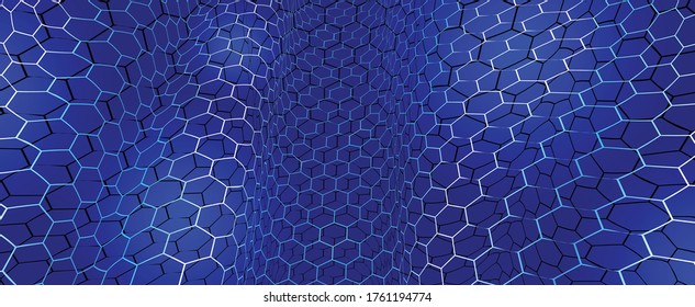Technology vector abstract background with hexagons mesh, 3D abstraction of nanotechnology and science, electronics and digital style, wire net dimensional perspective.