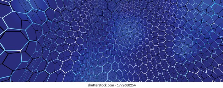 Technology vector abstract background with hexagons mesh, 3D abstraction of nanotechnology and science, electronics and digital style, wire net dimensional perspective.