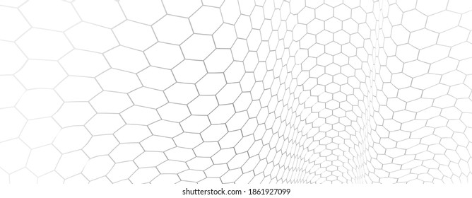 Technology vector abstract background with hexagons mesh, 3D abstraction of nanotechnology and science, electronics and digital style, wire net dimensional perspective.