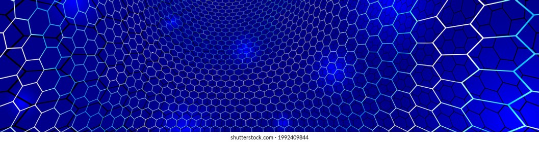 Technology vector abstract background with hexagons mesh, 3D abstraction of nanotechnology and science, electronics and digital style, wire net dimensional perspective.