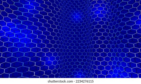 Technology vector abstract background with hexagons mesh, 3D abstraction of nanotechnology and science, electronics and digital style, wire net dimensional perspective.