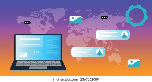 Ilustración plana del vector de tecnología. Presentaciones de medios sociales y negocios, interfaz de usuario, UX, diseño gráfico y web, aplicaciones e interfaces. EPS 10