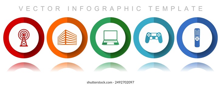 Technology vector icon collection, miscellaneous icons such as antenna, office building, laptop, gamepad, tv remote, flat design infographic template in eps 10