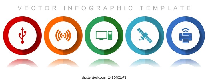 Technology vector icon collection, miscellaneous icons such as usb, wifi, computer, satellite and printer, flat design infographic template in eps 10