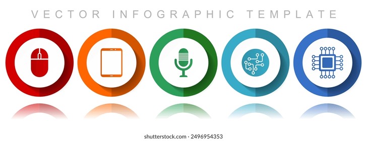 Technology vector icon collection, miscellaneous icons such as computer mouse, tablet, microphone, chip and cpu, flat design infographic template in eps 10