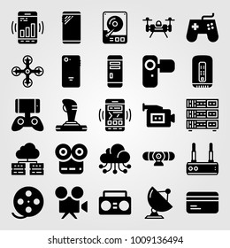 Technology vector icon set. boombox, drone, game controller and film roll