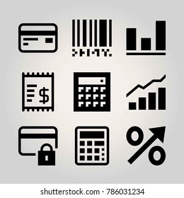 Technology vector icon set. calculator, barcode, credit card and analytics