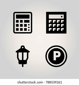 Technology vector icon set. calculator, lamp, parking and sign