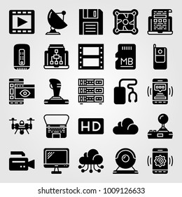 Technology vector icon set. cloud computing, memory, drone and video camera