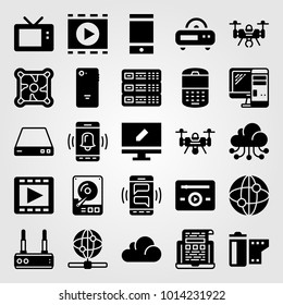 Technology vector icon set. cooler, television, music player and phone