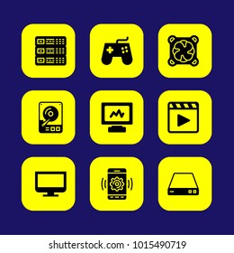 Technology vector icon set. cooler, monitor, movie player and computer