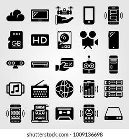 Technology vector icon set. credit card, router, music player and radio