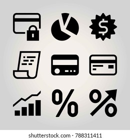 Technology vector icon set. credit card, pie chart, lock and analytics
