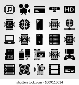 Technology Vector Icon Set. Hd, Film Roll, Game Controller And Webcam