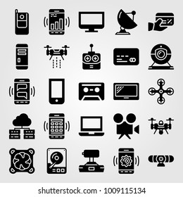 Technology vector icon set. joystick, webcam, sattelite and cassette