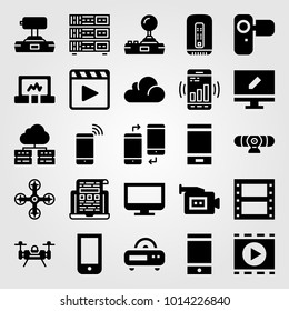 Technology vector icon set. joystick, smartphone, server and radio