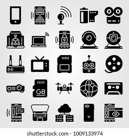 Technology vector icon set. laptop, cassette, remote control and signal point