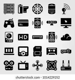 Technology vector icon set. memory, cell phone, drone and sd card