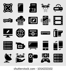 Technology vector icon set. memory, camera, internet and camcoder