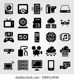 Technology vector icon set. monitor, dard drive, webcam and pc case