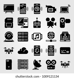 Technology vector icon set. movie player, monitor, memory and server