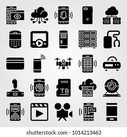 Technology vector icon set. movie player, server, memory and phone