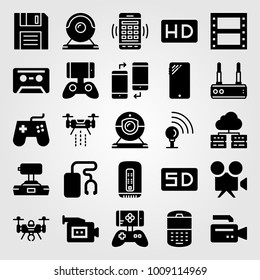 Technology vector icon set. music player, gamepad, hd and cassette