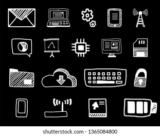 Technology Vector Icon Set - notebook vector, monitor, site, mobile shopping, tv, app, laptop graph, wifi, touch, email, flashcard, virtual cloud, keyboard, battery, electronic items
