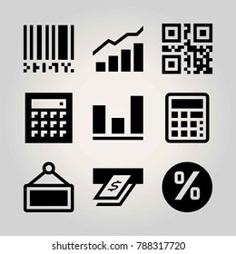 Technology vector icon set. persentage, analytics, barcode and atm