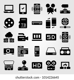 Technology vector icon set. projector, tablet, video camera and server